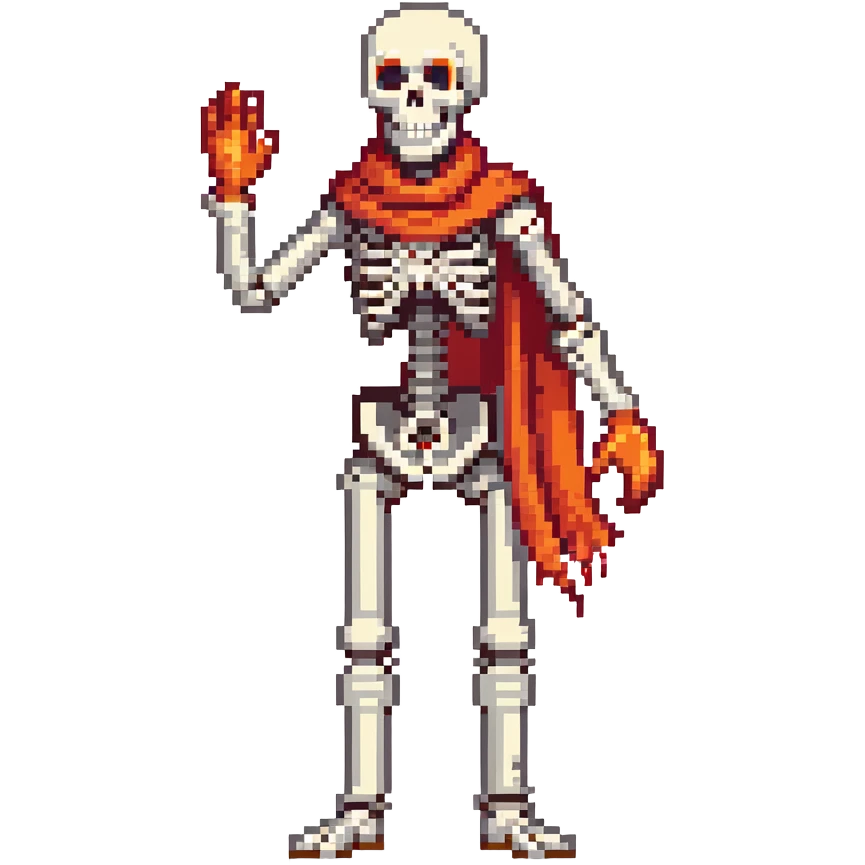Papyrus from Undertale, tall skeleton with a red scarf, white body armor, orange-red gloves, enthusiastic expression emoji