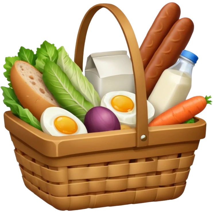 basket with groceries: milk, bread, sausage, eggs, potatoes, carrots, onions, cabbage emoji