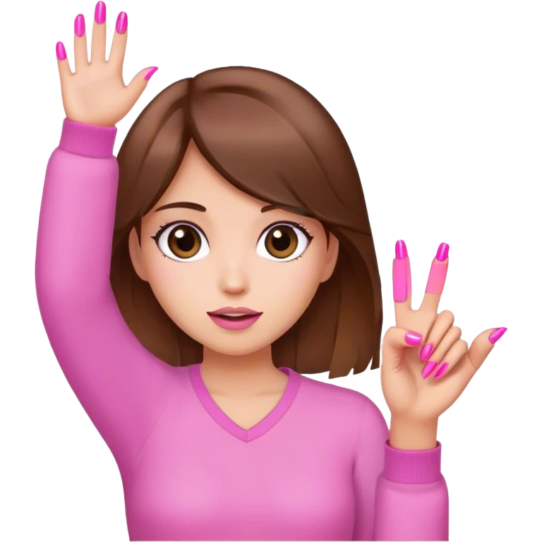 Girl brown hair with her hand up with pink nails emoji