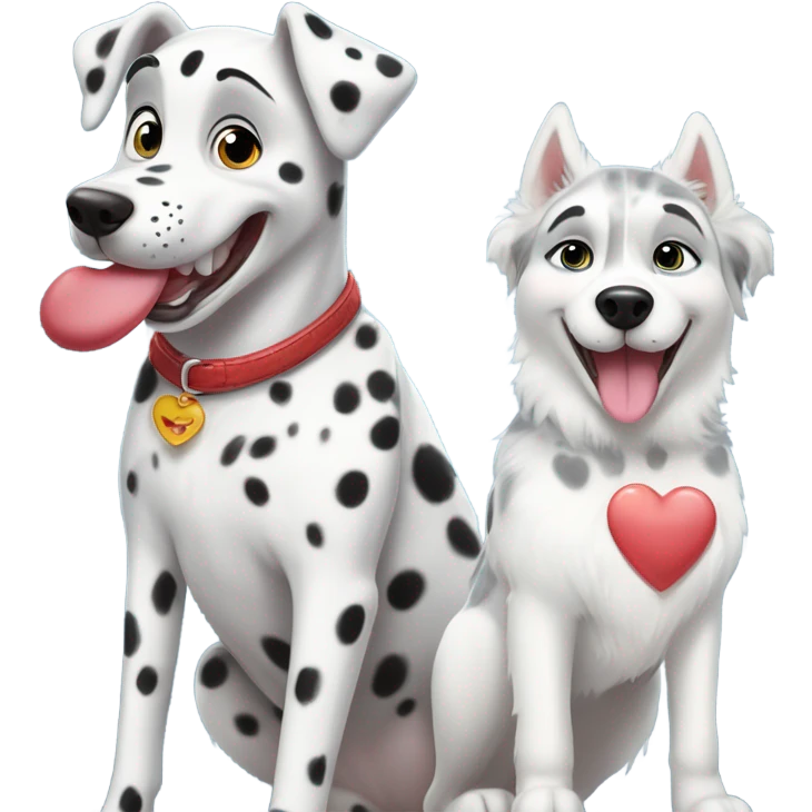 dalmatian and white and grey siberian husky with big heart over head emoji