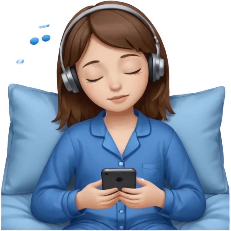 chica con pelo castaño ojos cerrados escuchando musica en pijama azul modo clean girl emoji
