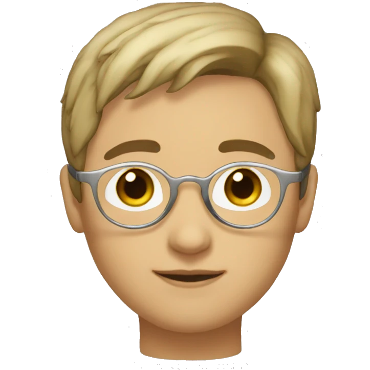 Short dark blond hair, dark eyes, round silver glasses, round nose emoji