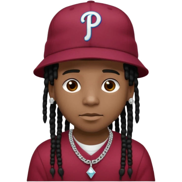 Black boy with short black dreads and a burgundy Phillies hat with a diamond chain that says MOB emoji