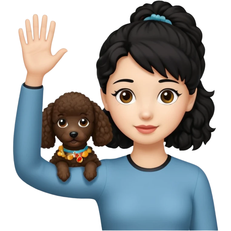 Ponytail black hair girl with brown Poodle say goodbye  emoji