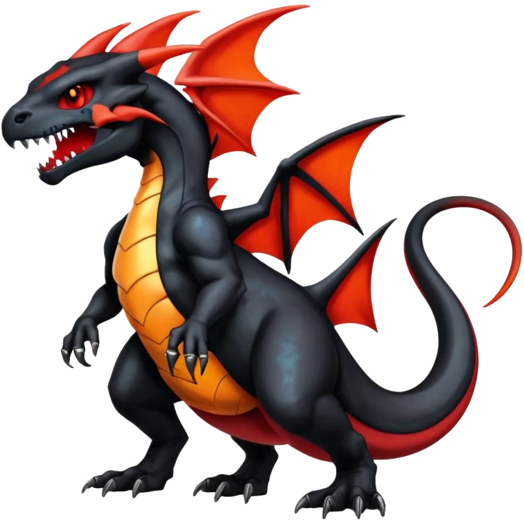 Shiny Black Gothic Futuristic Spooky Evil Exotic Colorful Dark Duskull-Salandit-Charizard-Charmeleon-Fakémon-hybrid-creature (full body)  emoji