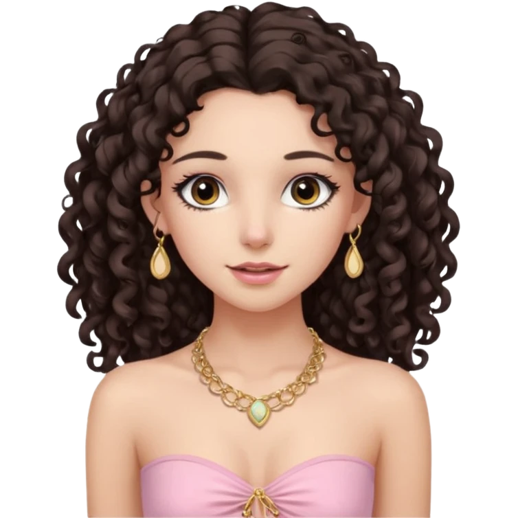 crée moi une jeune fille très belle avec les cheveux bouclés long et brune avec un top  sans manche ni brettelles juste un 'bandeau' de couleur rose clair avec un peu de maquillage et des beaux et long  cils avec un collier en or emoji