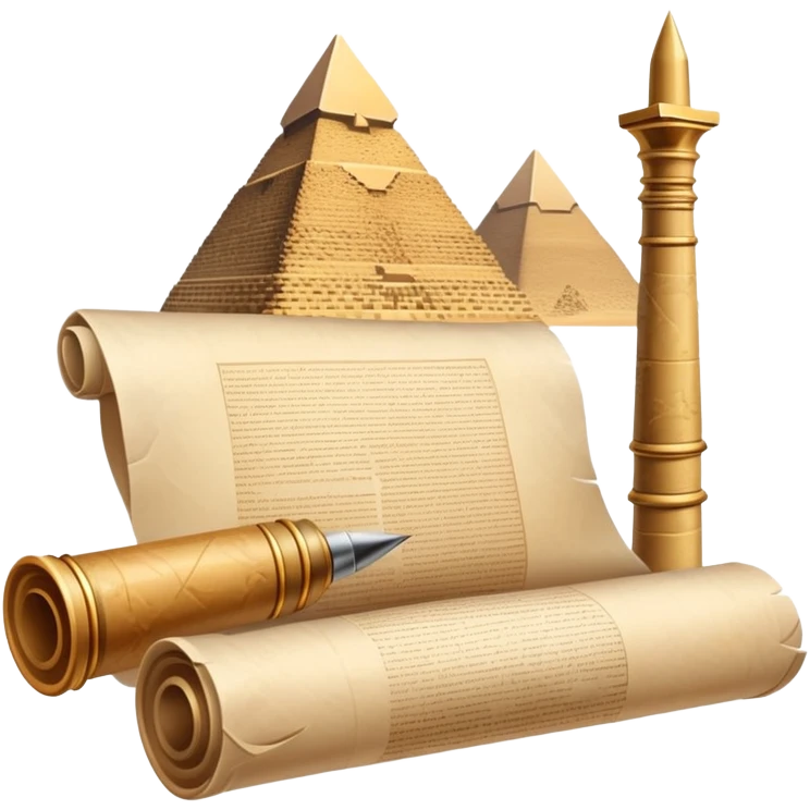 An icon showing a rolled parchment scroll, a quill pen, and ancient landmarks like pyramids and columns in the background. The design symbolizes the study of past civilizations, events, and heritage. Transparent background emphasizes the timeless exploration of human history. emoji