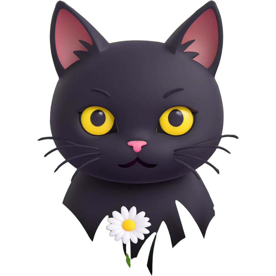 3D iOS 18 style illustration of a cute black cat with big yellow eyes peeking out from a grassy field, a white daisy flower on its head, surrounded by scattered white and yellow flowers, modern, soft, playful look emoji