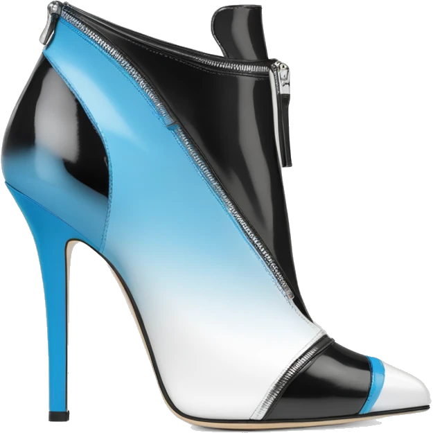 Realistic isolated top view of a pair of white,sky blue,and black ombre Jimmy Choo Stiletto Heel Zippered ankle bootie boots  emoji