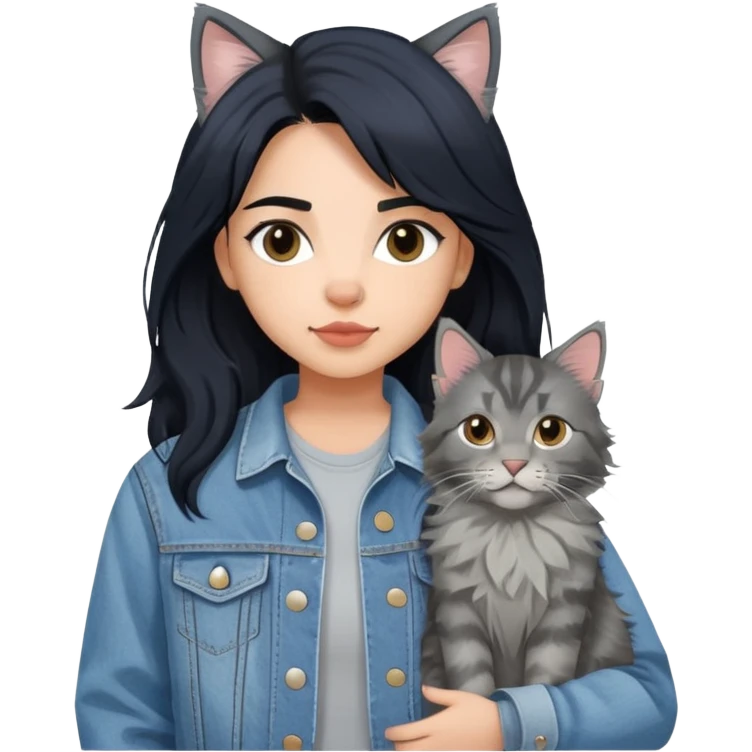 girl with black hair wearing denim jacket with gray maine coon cat emoji