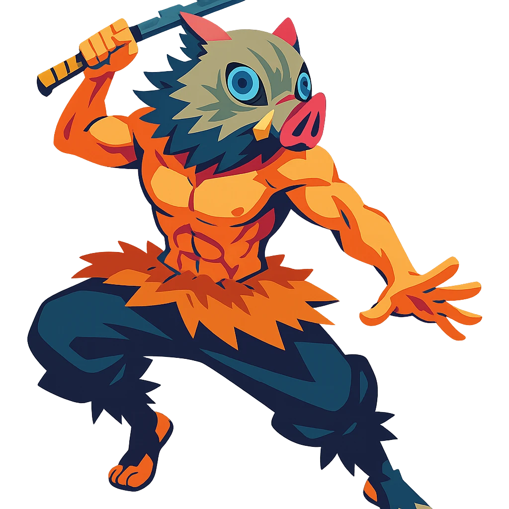 Inosuke Hashibira from Demon Slayer, vibrant anime style, boar mask, muscular build, wild pose emoji