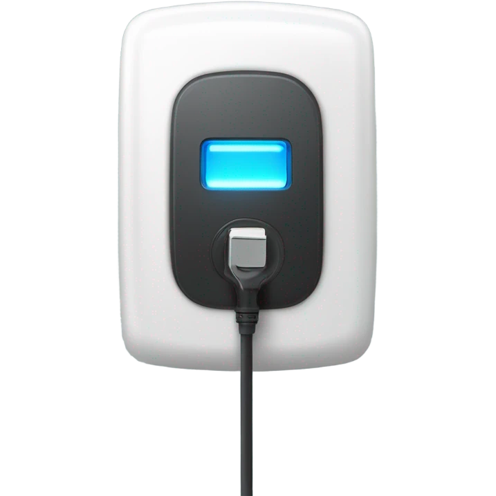 ev charger with a squircle shape and a led ring in front with a charging plug danglig  emoji