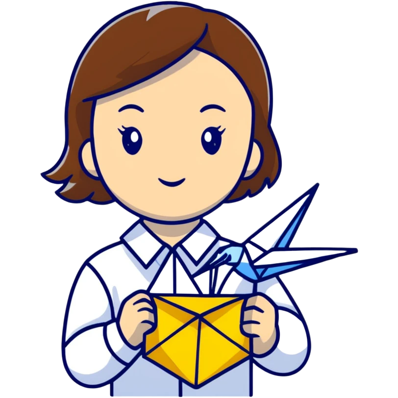 Ukrainian young girl with brown hair wearing a white embroidered shirt holds an origami yellow-blue crane emoji