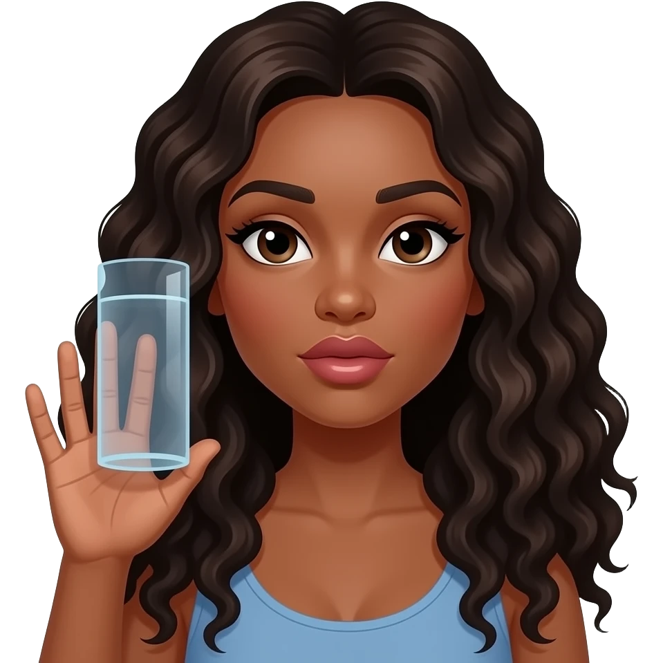 A brown woman with dark long curly hair and big pouting lips Holding her hand up as if holding an invisible cylinder emoji