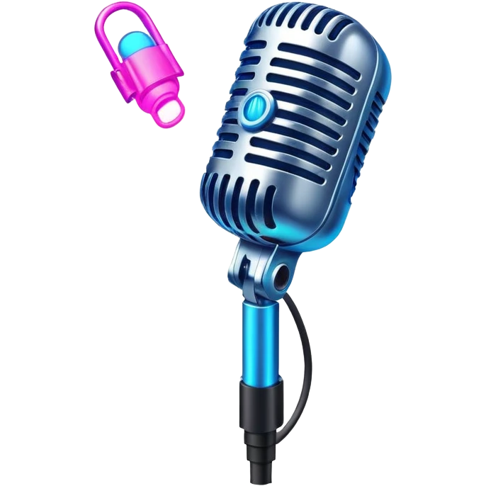 microphone with neon glow effect, blue neon glow on top left, pink neon glow on bottom right emoji