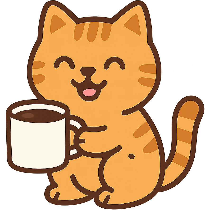 flat toon style ginger cat with a mug of coffee, cheerful emoji
