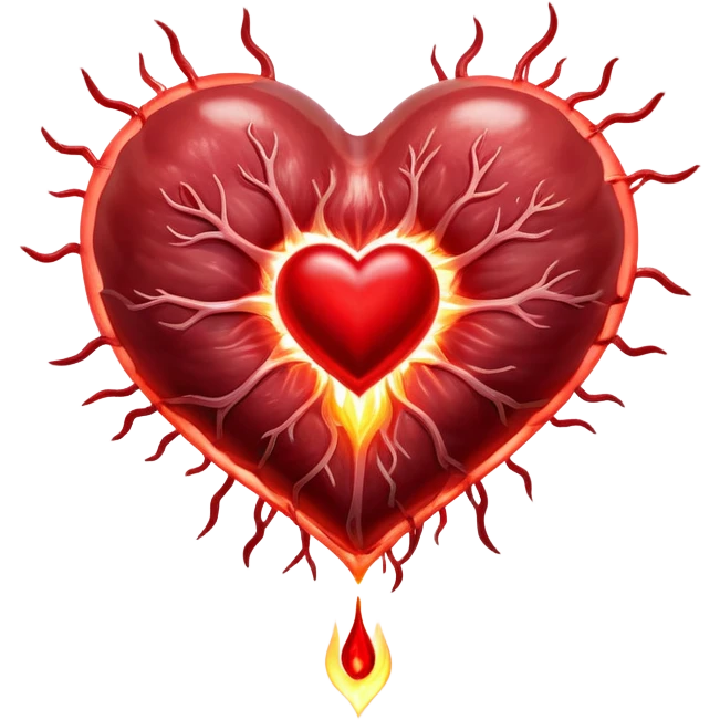 Glowing pieces of red meat floating around a red blood cell that shines brightly like a torch. Streams of light connect the blood cell to a heart and muscles, showing how heme iron creates energy and vitality throughout the body. emoji