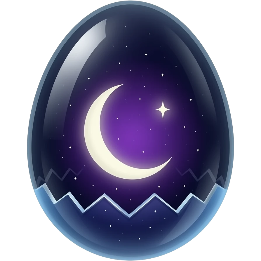 a clear moon‑born cosmic egg with no shell, its glasslike body holding a brooding violet nebula where a dim crescent moon drifts like a quiet omen, faint dying lights suspended inside its shadowed depths, isolated object, transparent background emoji