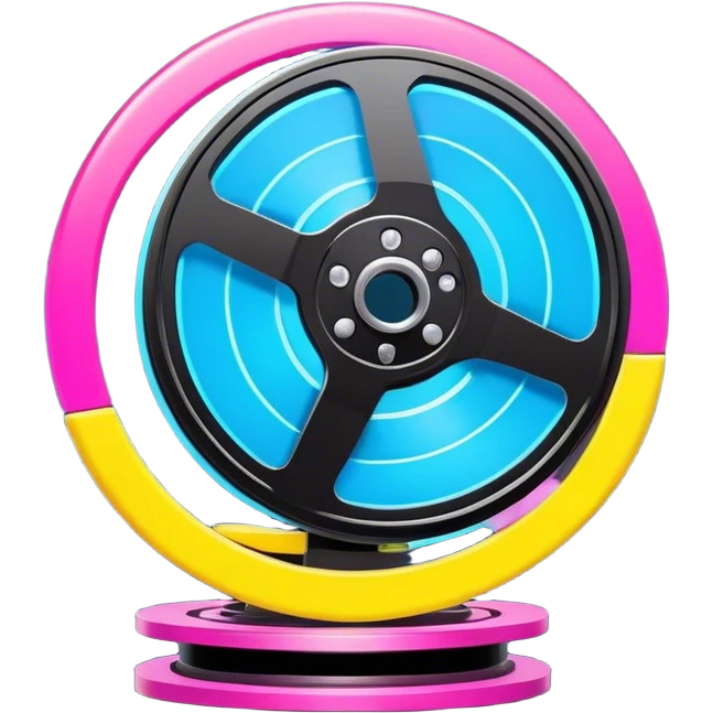 Bright, colorful icon symbolizing Animation and Motion Design with a transparent background. Include a dynamic motion effect, such as a spinning film reel or a stylized character in motion. Use vibrant colors like neon blue, pink, and yellow, with a modern, techy feel.  emoji