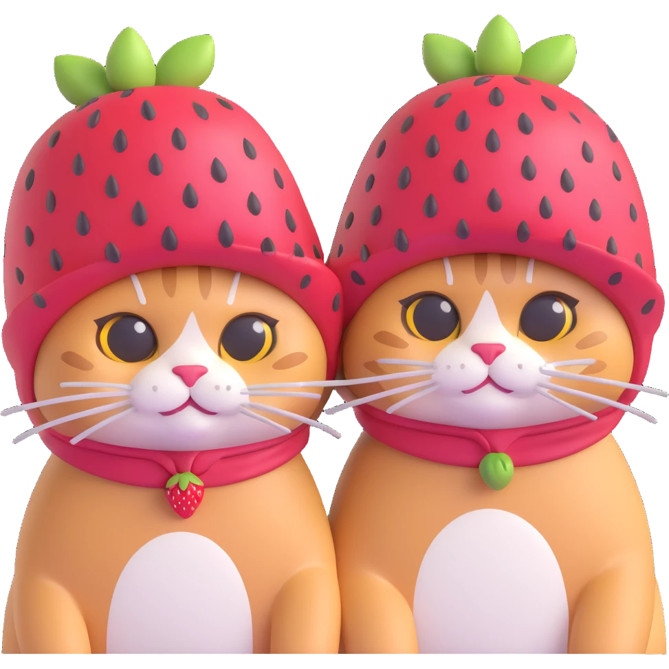 A pair of cats side by side, each adorned with a strawberry hat emoji