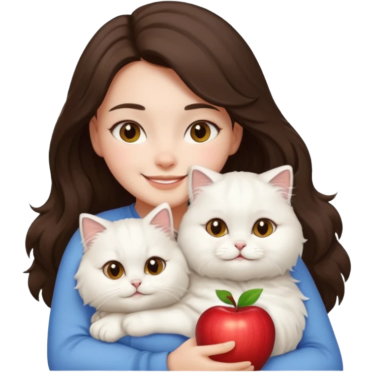 brunette girl hugging a fluffy white Persian cat, both smiling, apple emoji style emoji