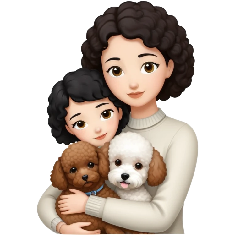 woman with short black hair hugging a brown poodle and a white bichon frise emoji