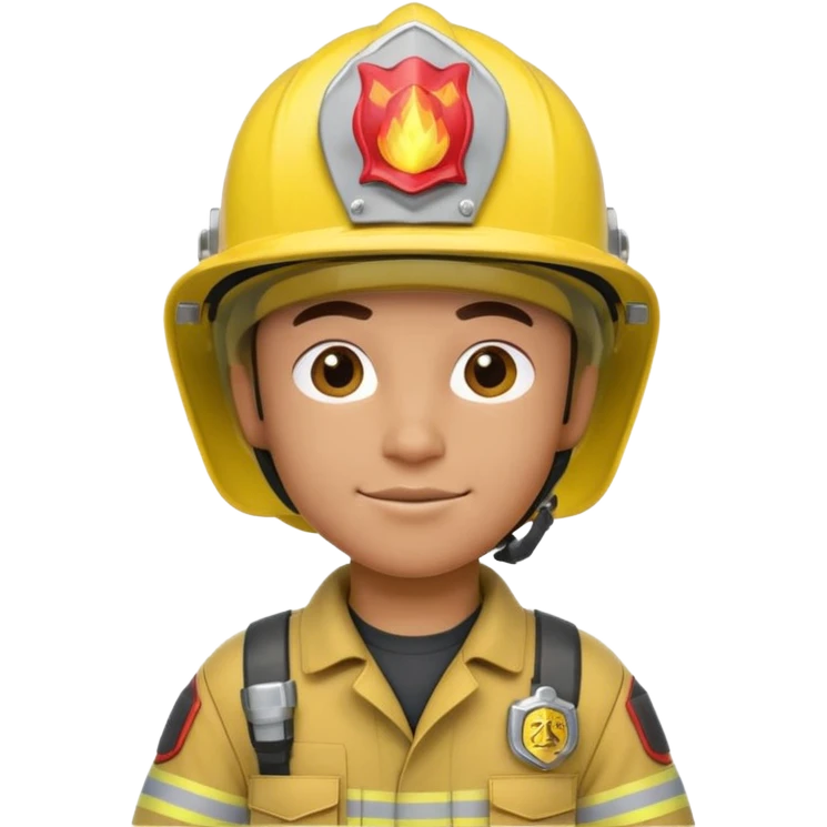 3D cartoon-style firefighter in the Apple emoji style, wearing a bright yellow helmet and fireproof uniform, front-facing, soft lighting, white background. emoji