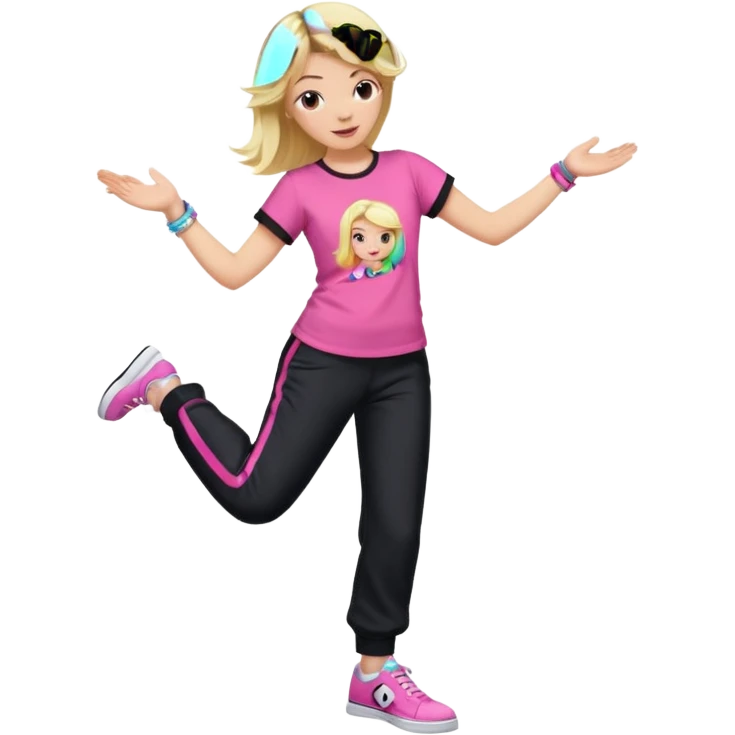 Hiphop dancer, with cute big pants, sneakers, and t-shirt. White girl blond. Coloufull shirt. No pocket pants. Dancing. Pink and black plain outfit. No sweatbands on the wrist, black music box behind her. emoji