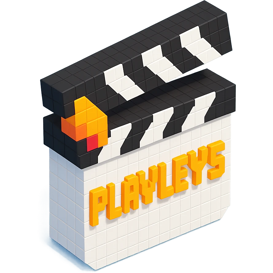 voxel style movie clapperboard with the text 'PLAVLEYS', white body, black lid, isometric view emoji