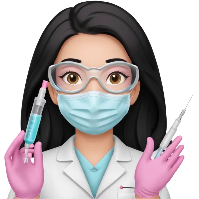 laboratorista con guantes rosa pastel y mascarilla rosa pastel jeringa tubo laboratorio sin lentes pelo lacio negro y largo emoji