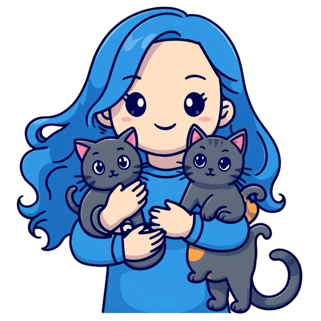 Girl with long wavy blue hair holding three cats, one black cat, one grey cat, and one grey-striped cat emoji