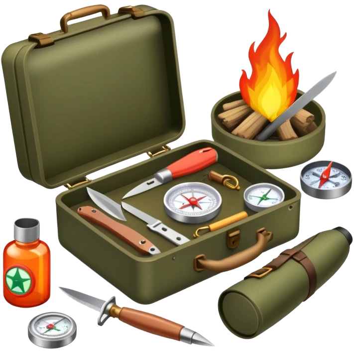 bushcraft survival kit with knife, compass, and fire starter emoji