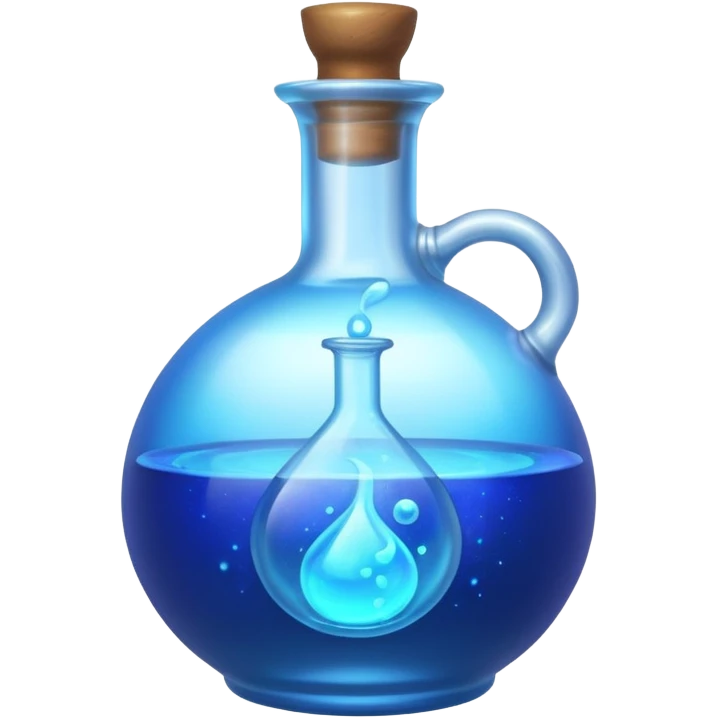glowing blue neon magic potion, in a round glass bottle, tilted slightly emoji