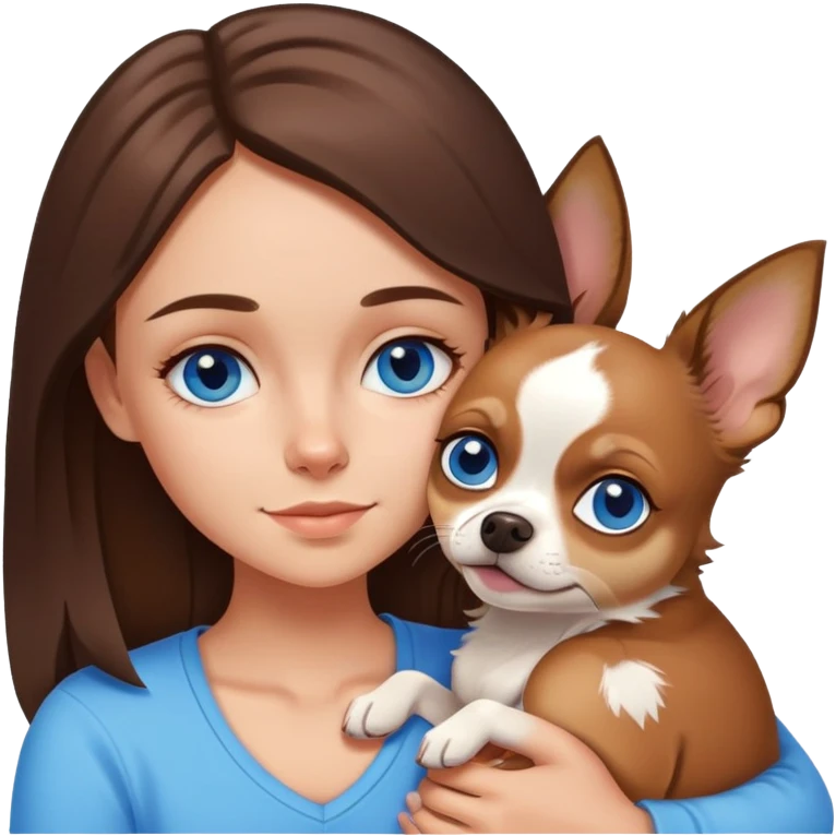 Brunette white girl teenager cuddling with a Chihuahua the girl with blue eyes emoji