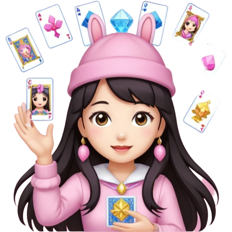 pixel art chibi gear asian girl with dark long hair in pink bunny ears hat magical girl with kawaii tarot cards thrown in air pixel emoji emoji