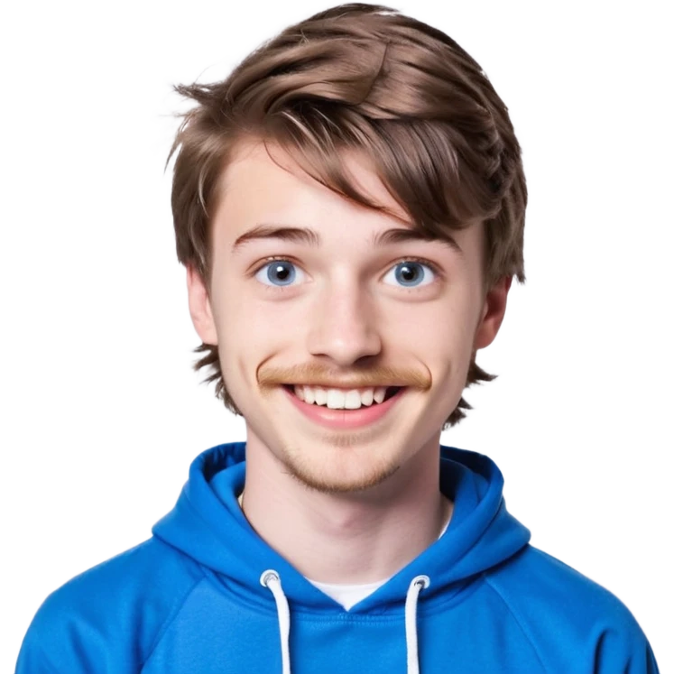 20 year old man, short scruffy beard and thin moustache, brown puffy mullet, blue eyes, big smile, white teeth, big lips, pronounced jaw, hair longer in back, sticking up on top, thin face, grey hooded sweatshirt, pale skin, big smile, blue eyes, puffy hair that is long in back emoji