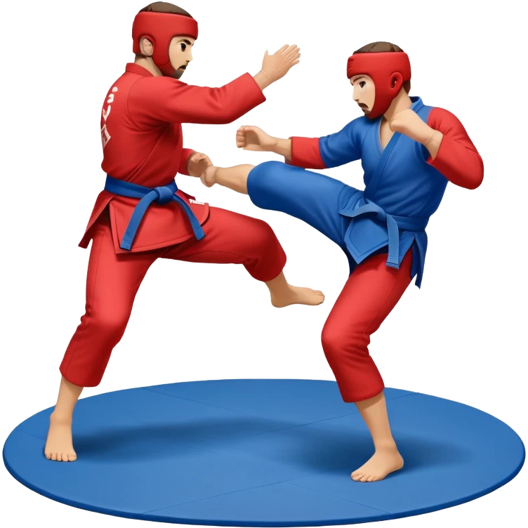 Two SAMBO fighters in blue and red uniforms engage in dynamic grappling and throwing techniques. One executes a powerful throw while the other tries to counter. The scene is set in a sports arena with a competition mat, capturing the intensity and motion of the martial art. Transparent background. emoji