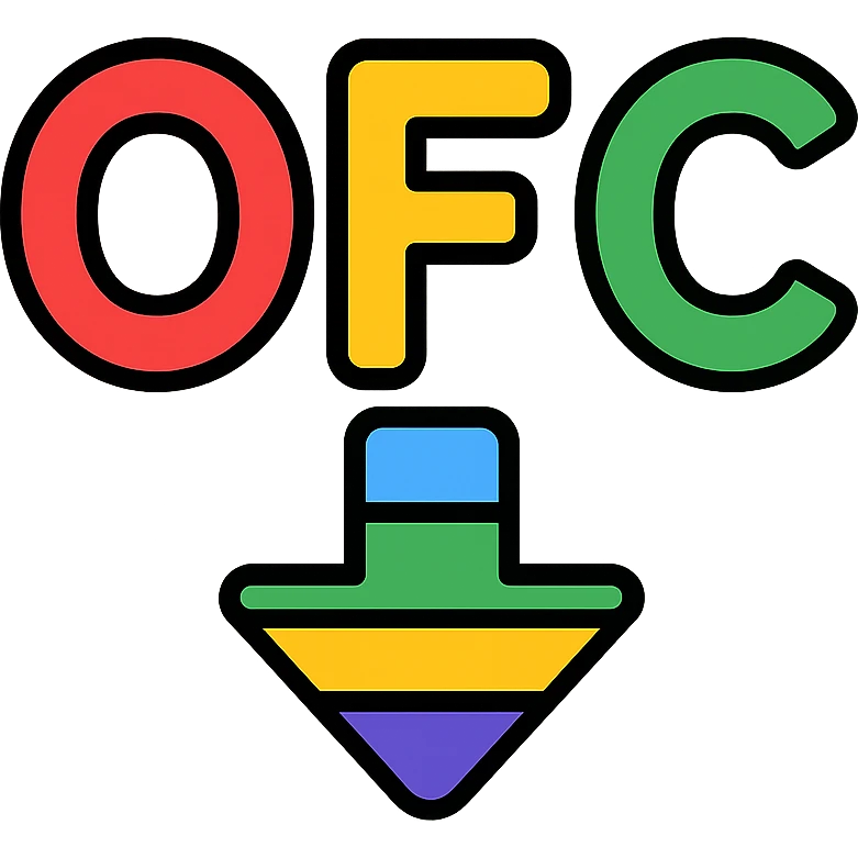Letters OFC with a downward arrow underneath, using vibrant rainbow colors emoji