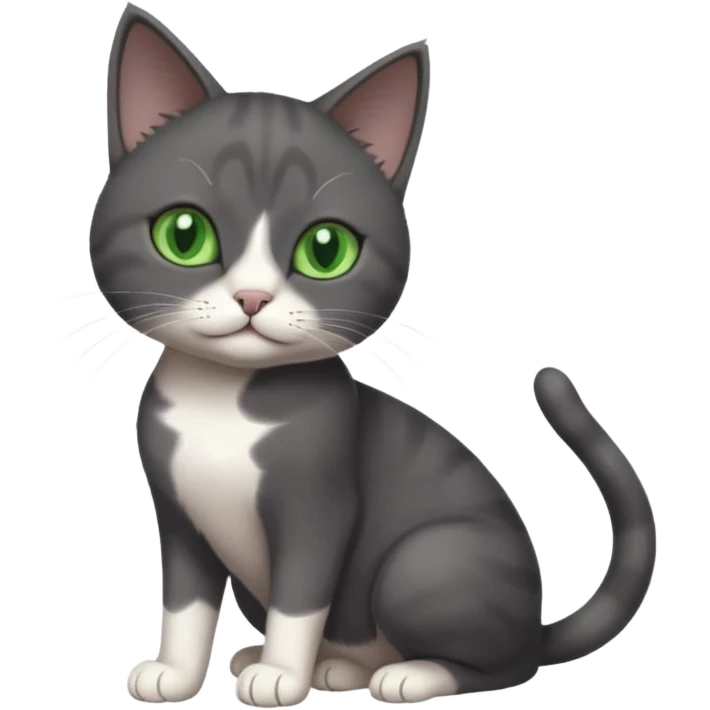 beautiful female solid dark grey cat with green eyes, white toes/paws and white patch on her chest playing emoji