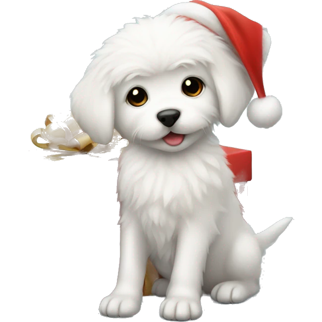 Fluffy white puppy wearing Santa hat with present emoji