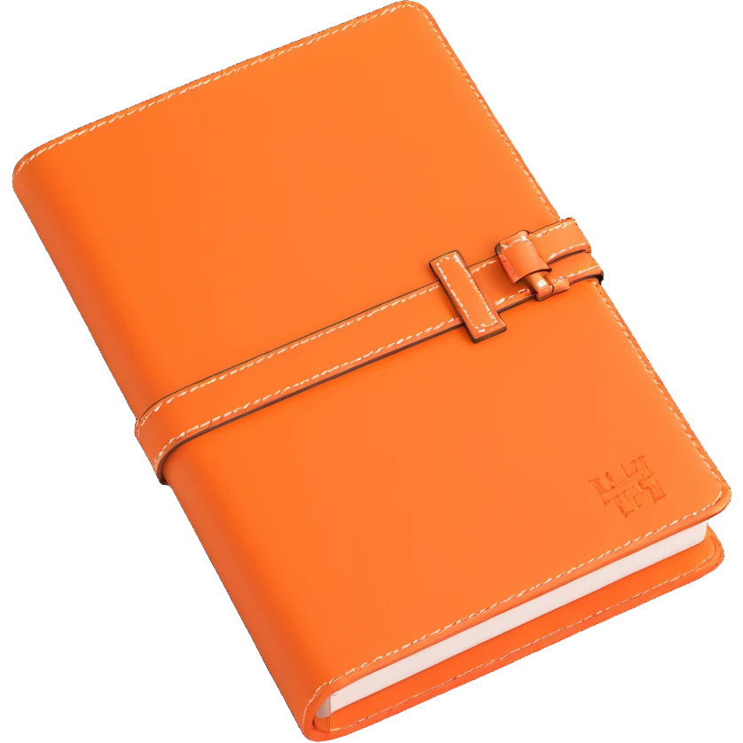 orange Hermès leather diary, 3D, luxury, elegant, no text emoji