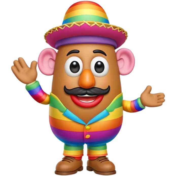 Create a 3D Pixar-style Mr. Potato Head character with a rounded, slightly uneven shape, expressive eyes, a wide smile, and cartoonish limbs, dressed in a colorful rainbow suit with intricate embroidery and a vibrant colorful hat emoji
