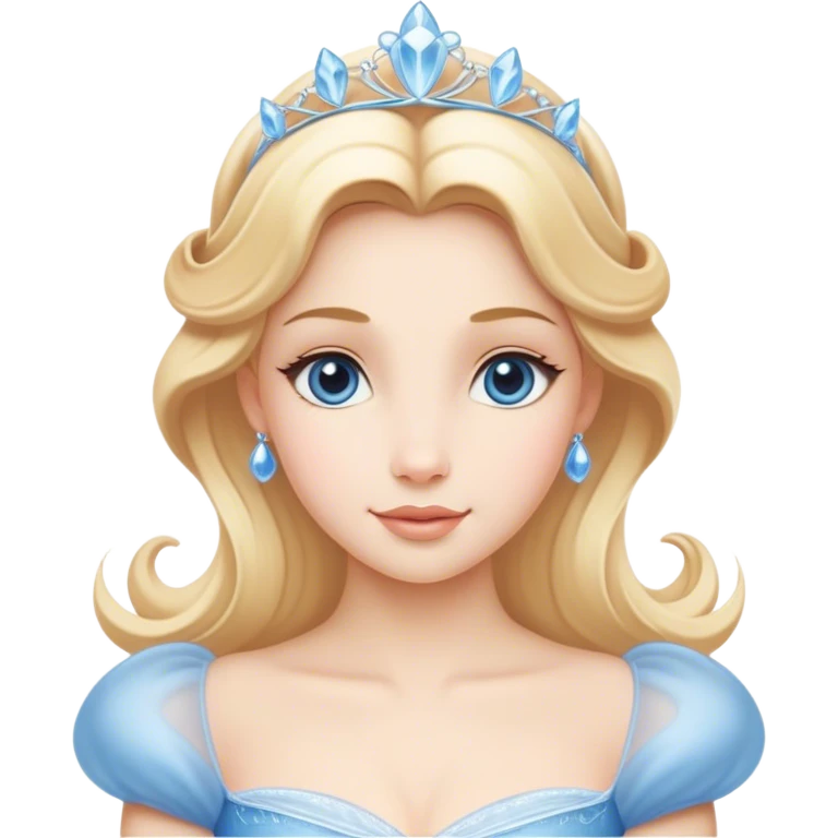 Cinematic Timeless Cinderella Portrait Emoji, rendered in a realistic, simplified vector style. Depict a classic Cinderella with delicate fair skin, beautifully styled blonde hair, and a calm, content expression, dressed in her iconic gown. The design is highlighted by a soft glowing outline and gentle, enchanting luminosity, capturing the essence of pure fairy-tale elegance. emoji