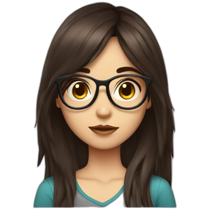 Gamer girl, dark brown and long hair, fringe, raund glasses emoji