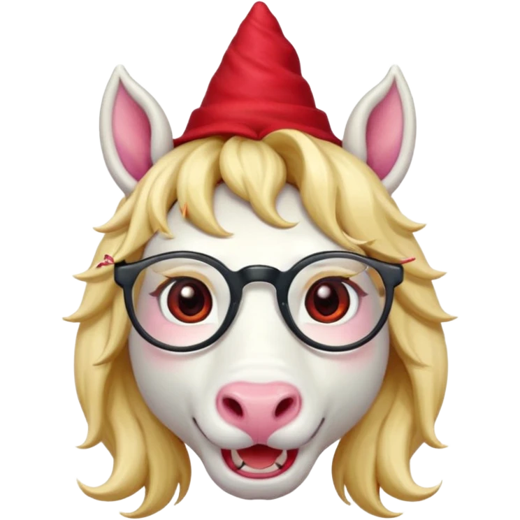 unicorn face cute wearing cute red hat, horn piercing through the hat looking in the camera, blond hair and spectacled. with big horn emoji