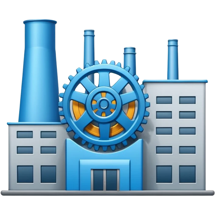 "A minimalist vector icon of a modern manufacturing factory building with a gear symbol above it. Blue and grey color scheme, flat design, white background, simple thick lines, professional business logo style." emoji