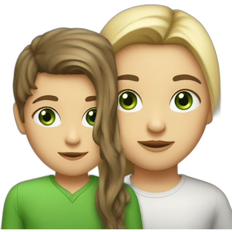 a blond boy with green eyes kisses a brunette girl with long straight hair and  green eyes on the cheek emoji