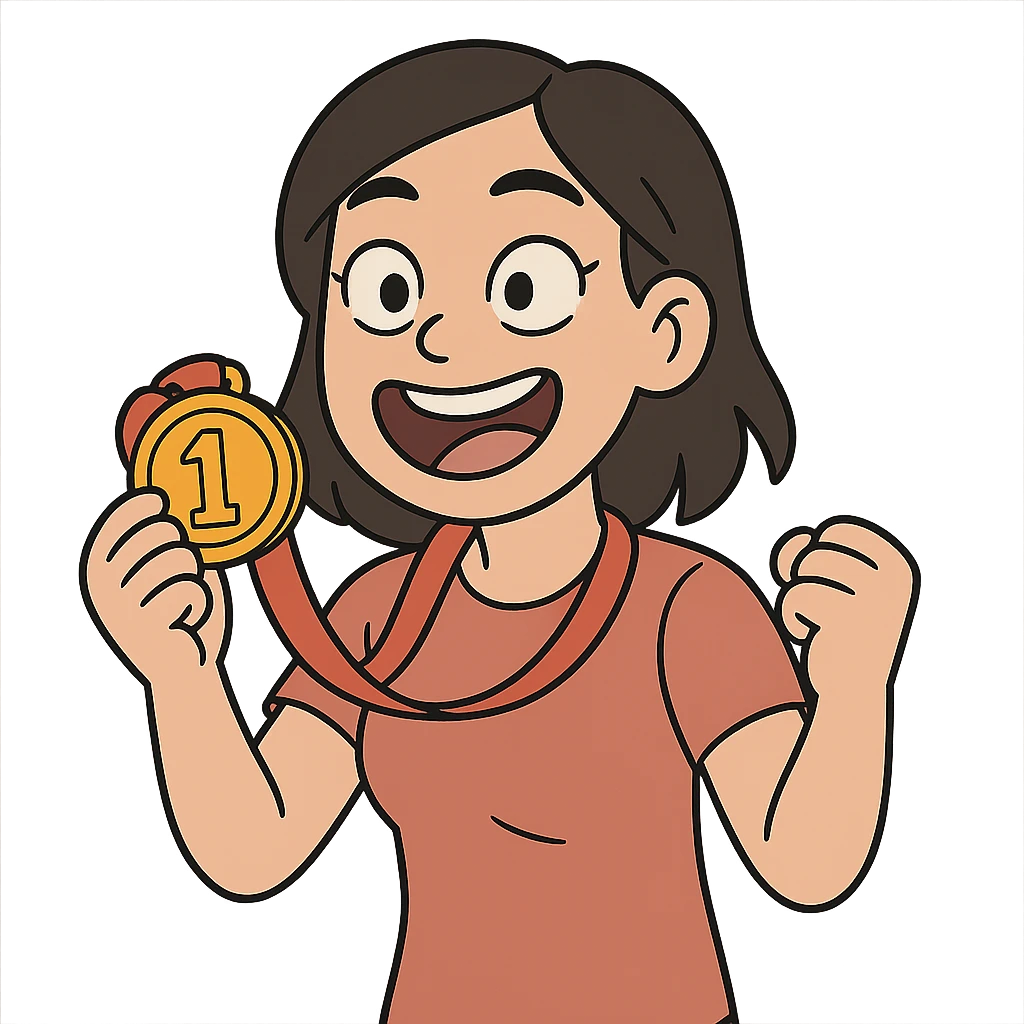 asian girl holding a medal, cartoon style, joyful expression emoji