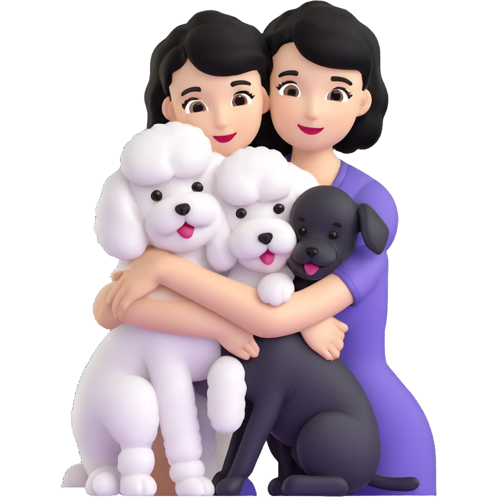 woman with short black hair hugging a brown poodle and a white bichon frise emoji