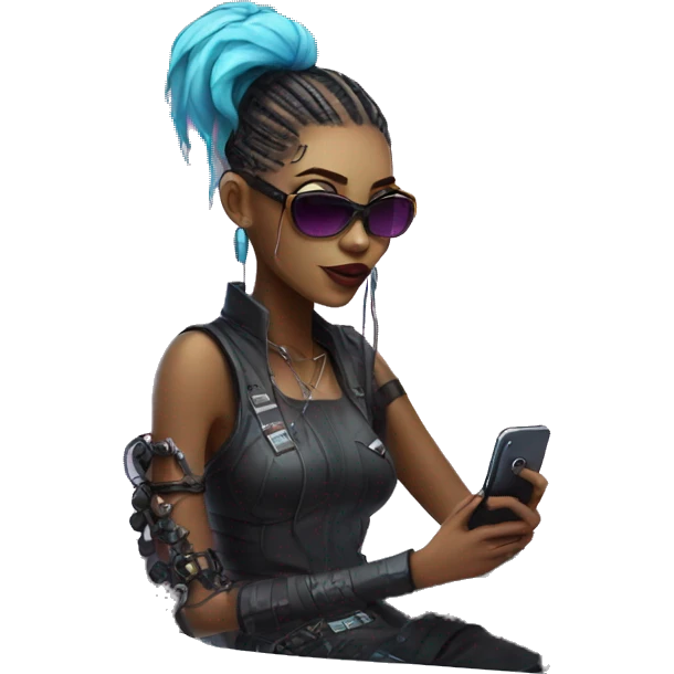 Cyberpunk girl with the phone sitting it fashionable co-working area emoji